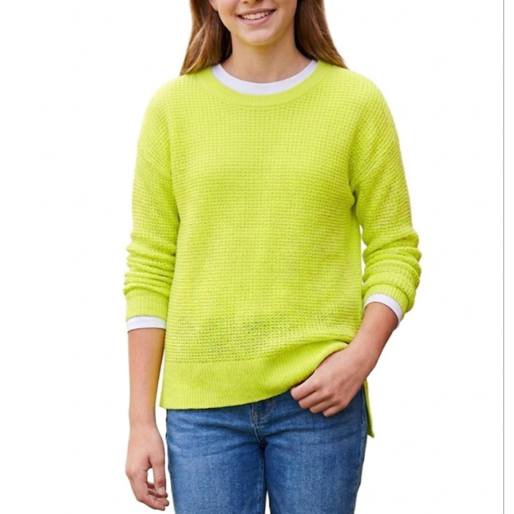 Juniors AQUA Neon Yellow Cashmere Crew Neck Sweater XL